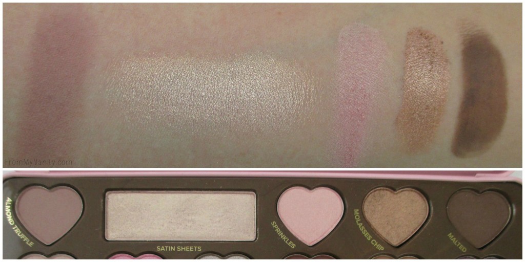 Too Faced Chocolate Bon Bons Palette // Review, Swatches, & Eye Looks // Row 1, Swatches // FromMyVanity.com