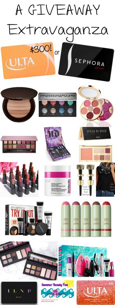 A giveaway extravaganza! 17 different prizes AND a grand prize of a $300 shopping spree to either Ulta or Sephora! Click to enter!