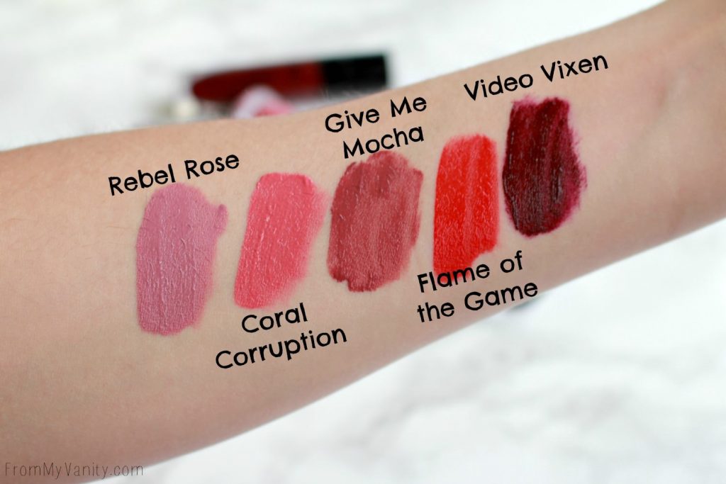 Arm swatches of the Wet n Wild Liquid Catsuit Matte Lipsticks 