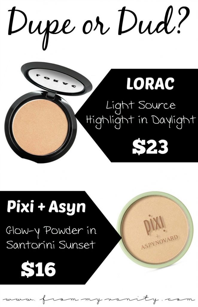 Dupe or Dud | LORAC Light Source Highlighter in Daylight VS PIXI x AspynOvard Glow-Y Powder in Santorini Sunset | Is it a Dupe?