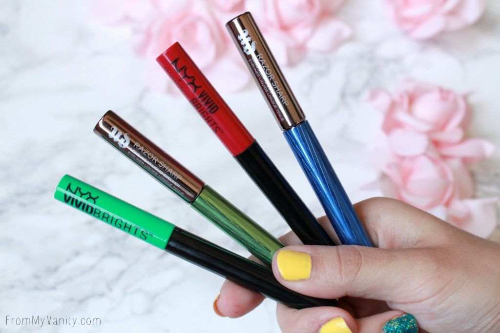 Dupe or Dud | Urban Decay Razor Sharp VS NYX Vivid Brights Liquid Liners | Red Green and Blue