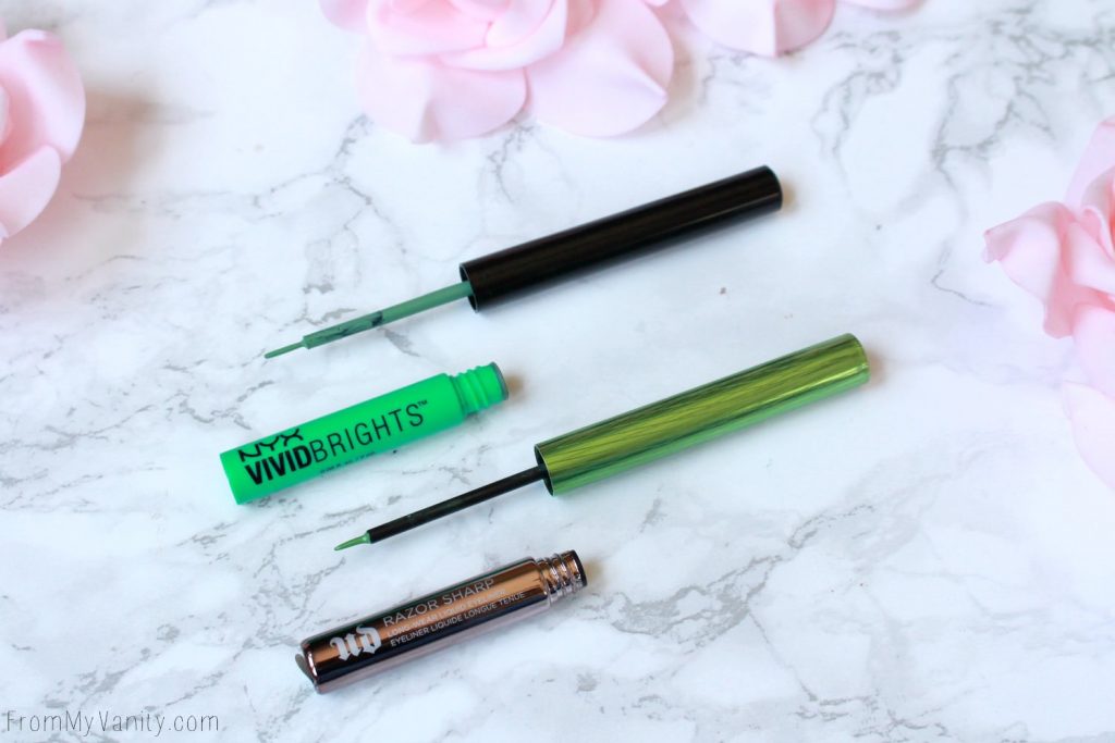 Dupe or Dud | Urban Decay Razor Sharp VS NYX Vivid Brights Liquid Liners | Green Colored Liquid Liners